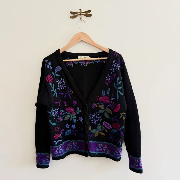 L.L. Bean 100% Wool Vintage Black Floral Embroidered Cardigan Knit Sweater - Picture 1 of 4